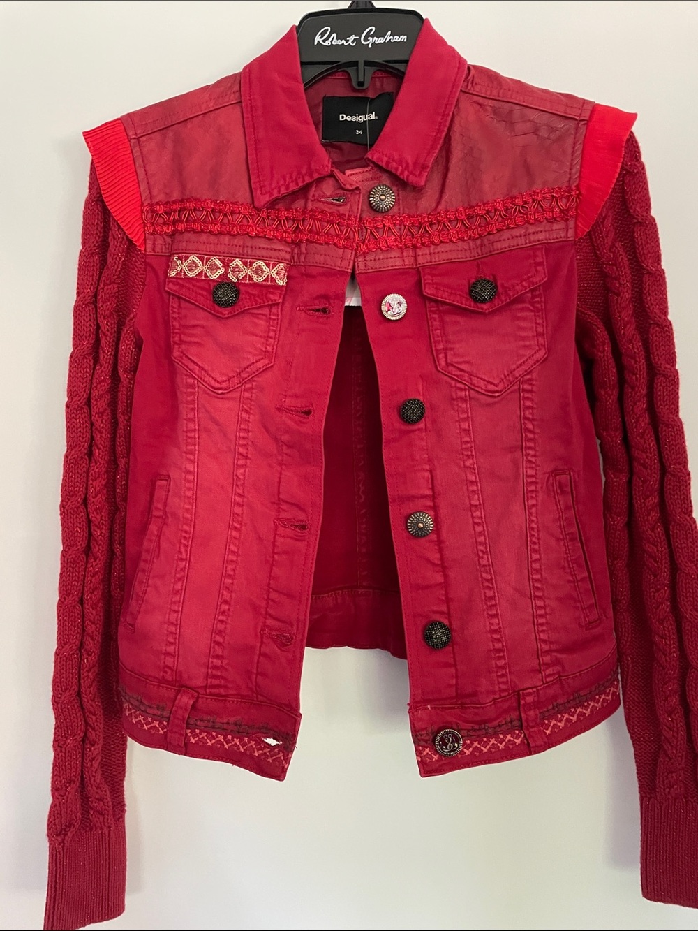 Desigual Red Embroidered Sequin Sparkle Jean Jacket NWT 34